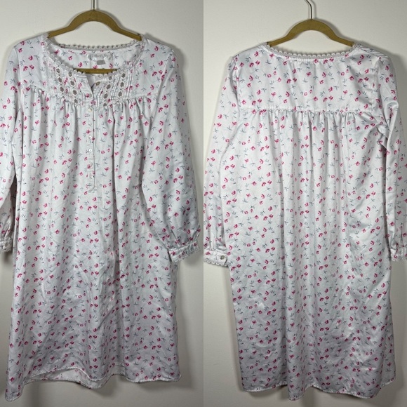 Eileen West White Floral Design Long Sleeve Nightgown Size Medium - Picture 1 of 14